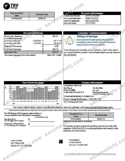 USA TXU Energy utility bill template in Word and PDF formats, version 3